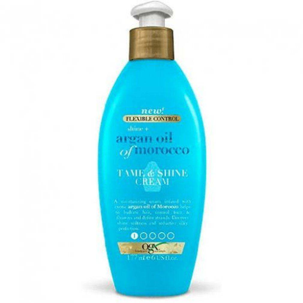 Türkisblaue Flasche mit Dosierpumpe. Aufschrift: Argan Oil of Morocco Tame & Shine Cream. 177ml/6 US fl oz.