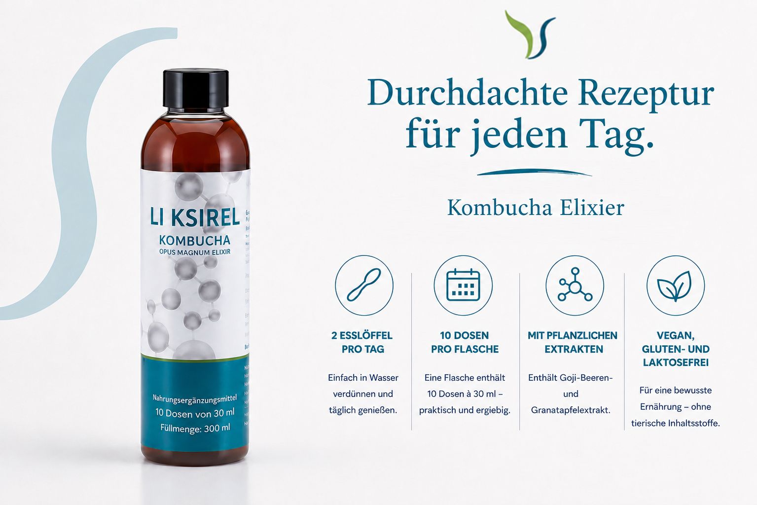 Flasche LI KSIREL Kombucha Elixier, 300ml, mit Löffel-Symbol, Kalender-Symbol, Pflanzen-Symbol und Blatt-Symbol.