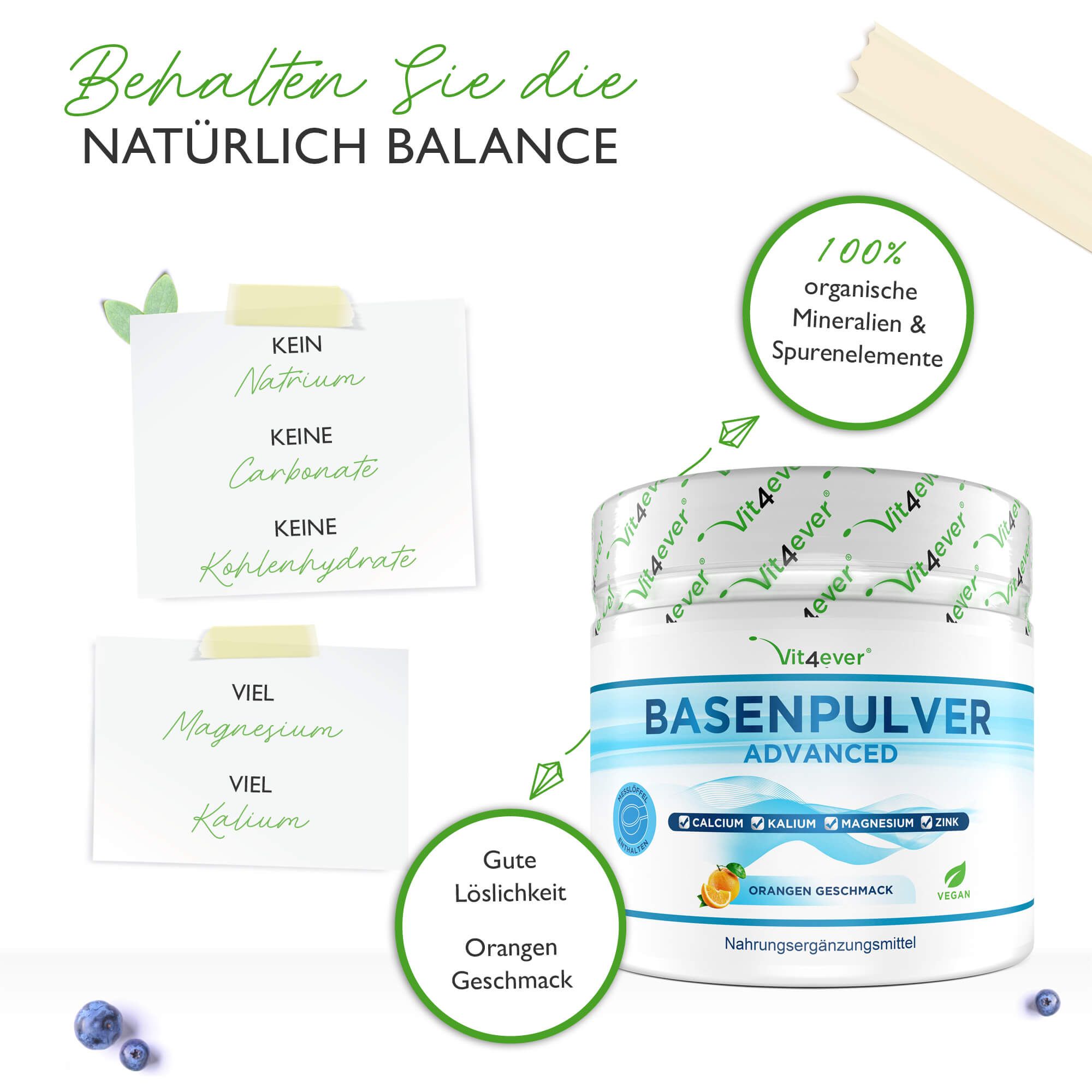 Weißes Basenpulver-Behälter mit Aufschrift. Enthält organische Mineralien und Spurenelemente. Orangen Geschmack. Vegan.