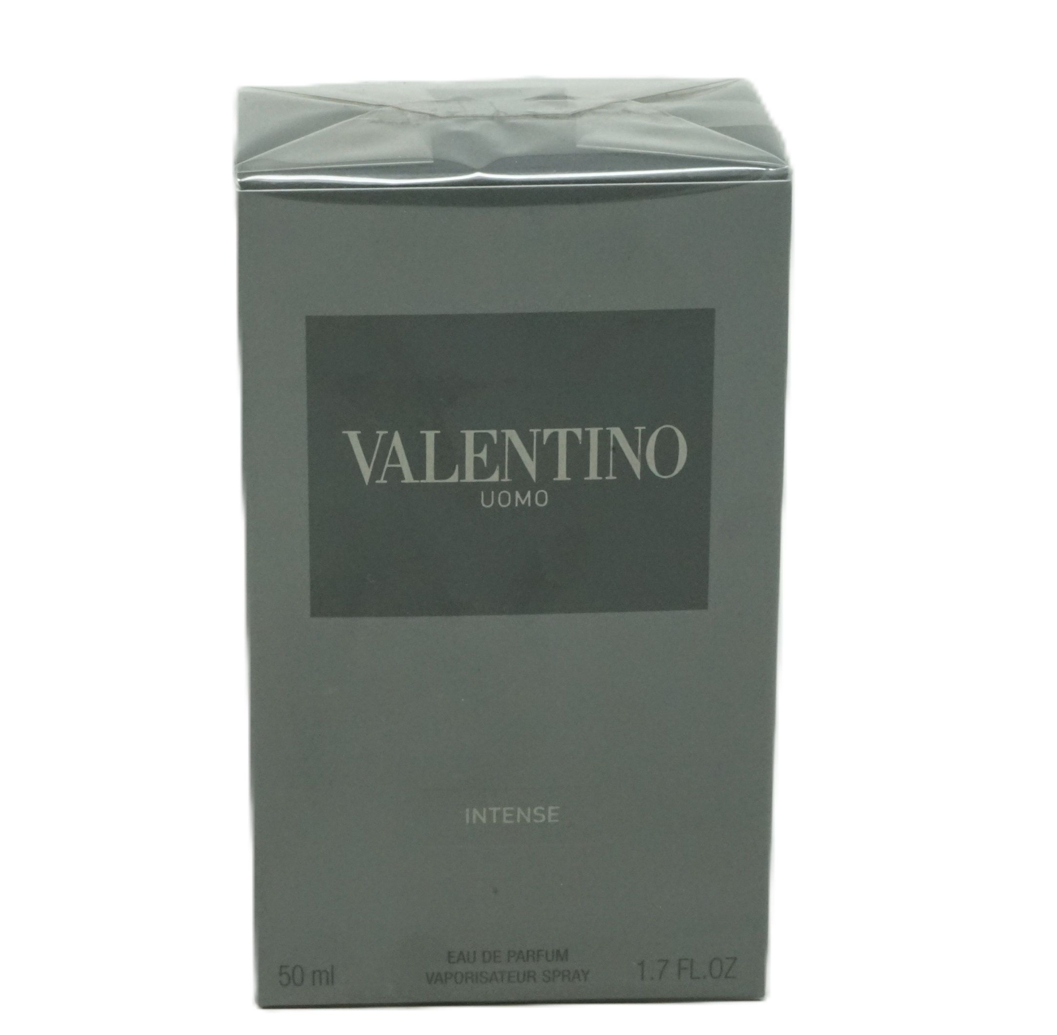 Graue Schachtel Valentino Uomo Intense. Logo und Schriftzug auf der Vorderseite. Unten steht "50 ml" und "1.7 FL.OZ".