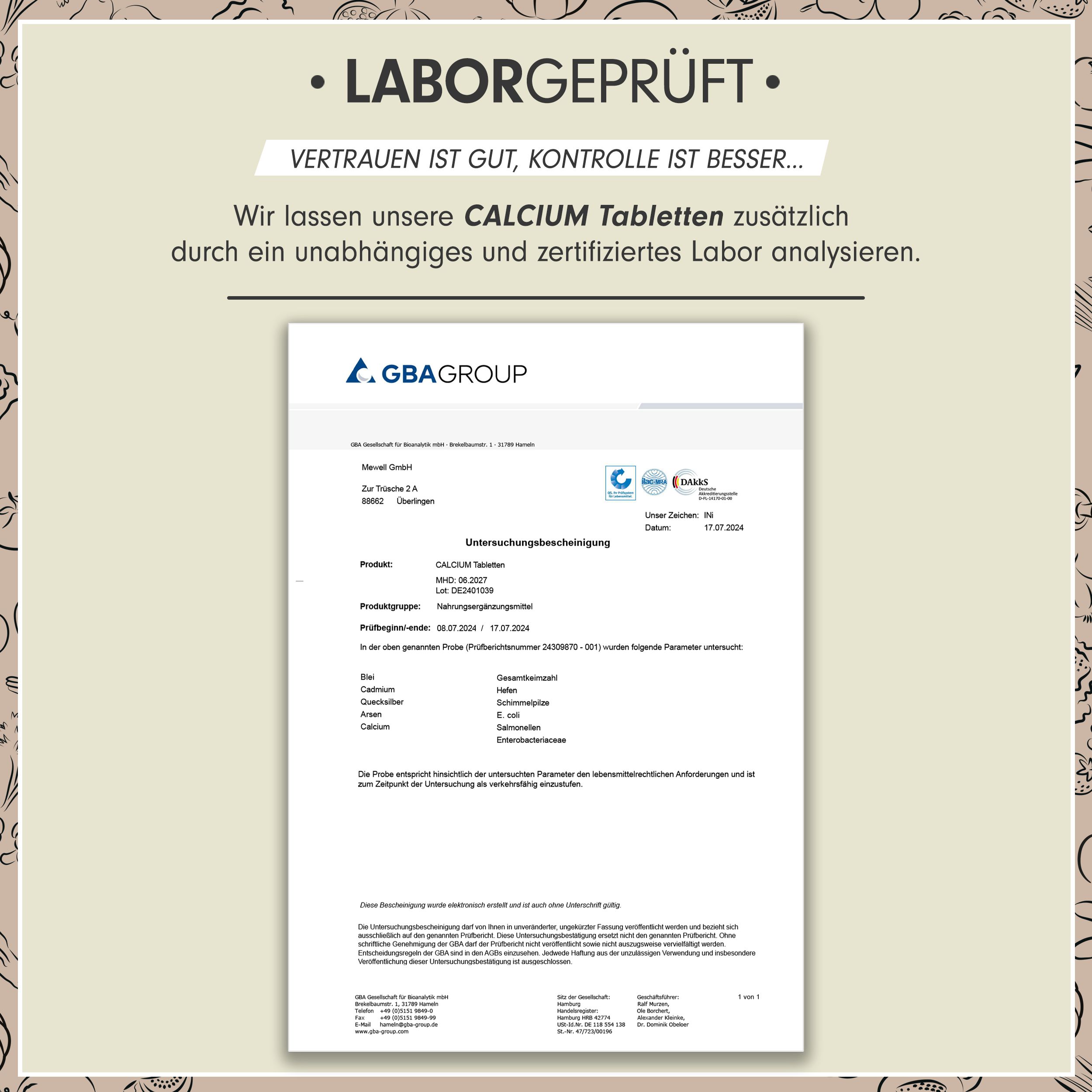 Laborbericht. Dokument mit Text. Logo der GBA Group. Informationen zu Calcium Tabletten. Zertifizierte Analyseergebnisse.