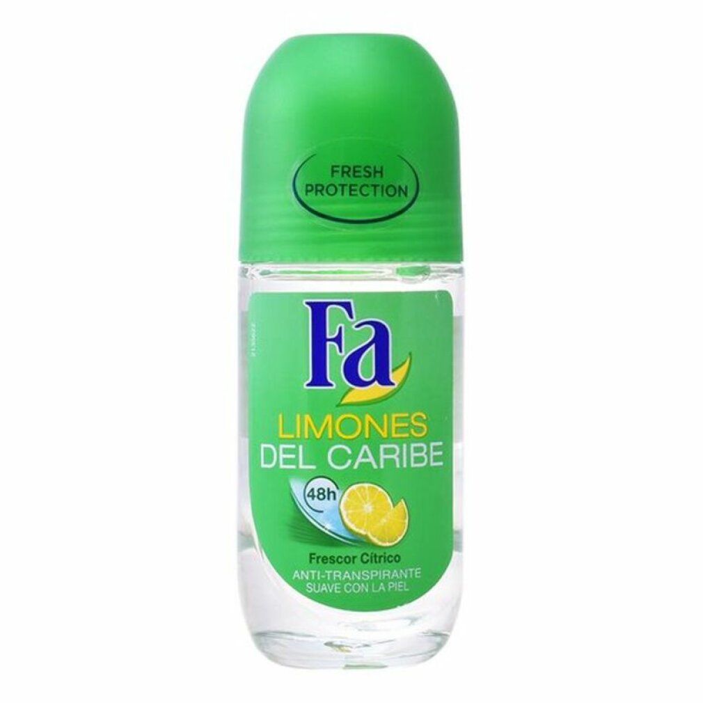 Deodorant-Roll-on mit grünem Deckel. Aufschrift "Fa" und "LIMONES DEL CARIBE". Abbildung einer Zitrone. "48h" und "ANTI-TRANSPIRANTE".