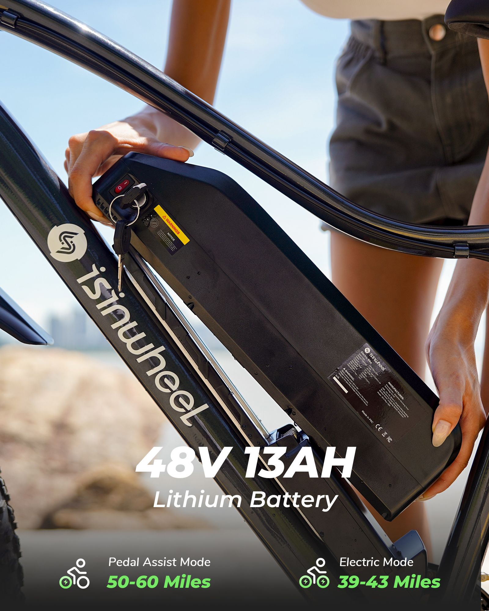 Person hält Akku eines E-Bikes. Text: 48V 13AH Lithium-Batterie, Pedal Assist Mode 50-60 Miles, Electric Mode 39-43 Miles.