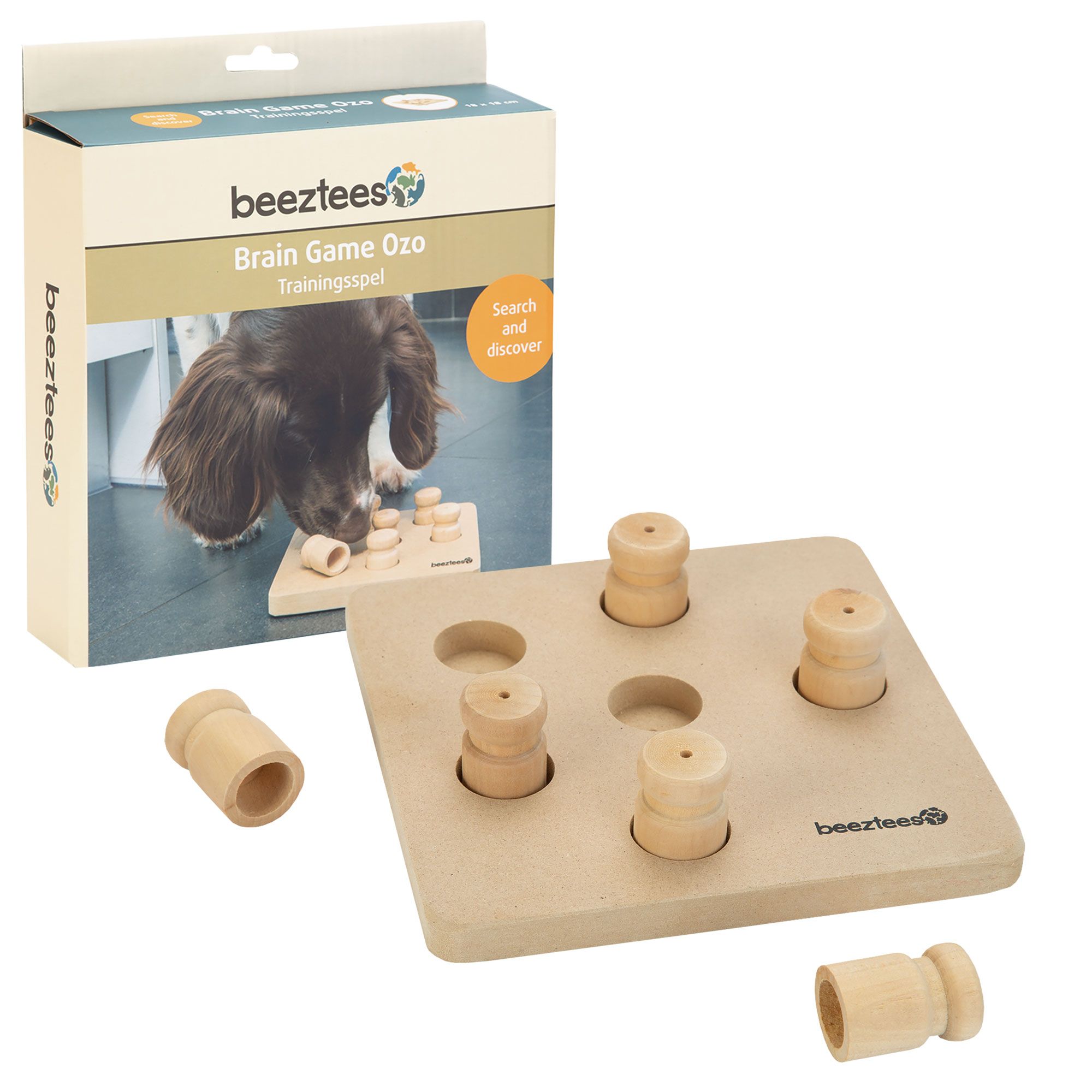 Holzspielzeug mit Verpackung. Brett mit Stiften und Stiften daneben. Marke Beeztees.