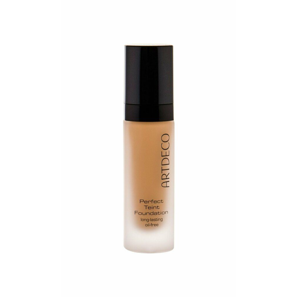 Artdeco Perfect Teint Foundation in Flasche. Farbton Golden Biscuit. Schwarzer Deckel, Schriftzug.