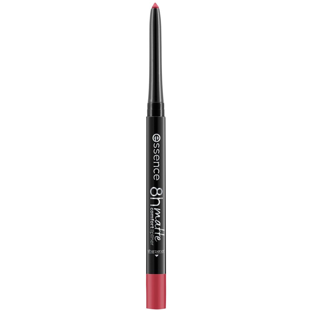 Lippenstiftstift mit roter Spitze. Schwarzer Stift mit weißer Schrift: essence 8h matte comfort lipliner.
