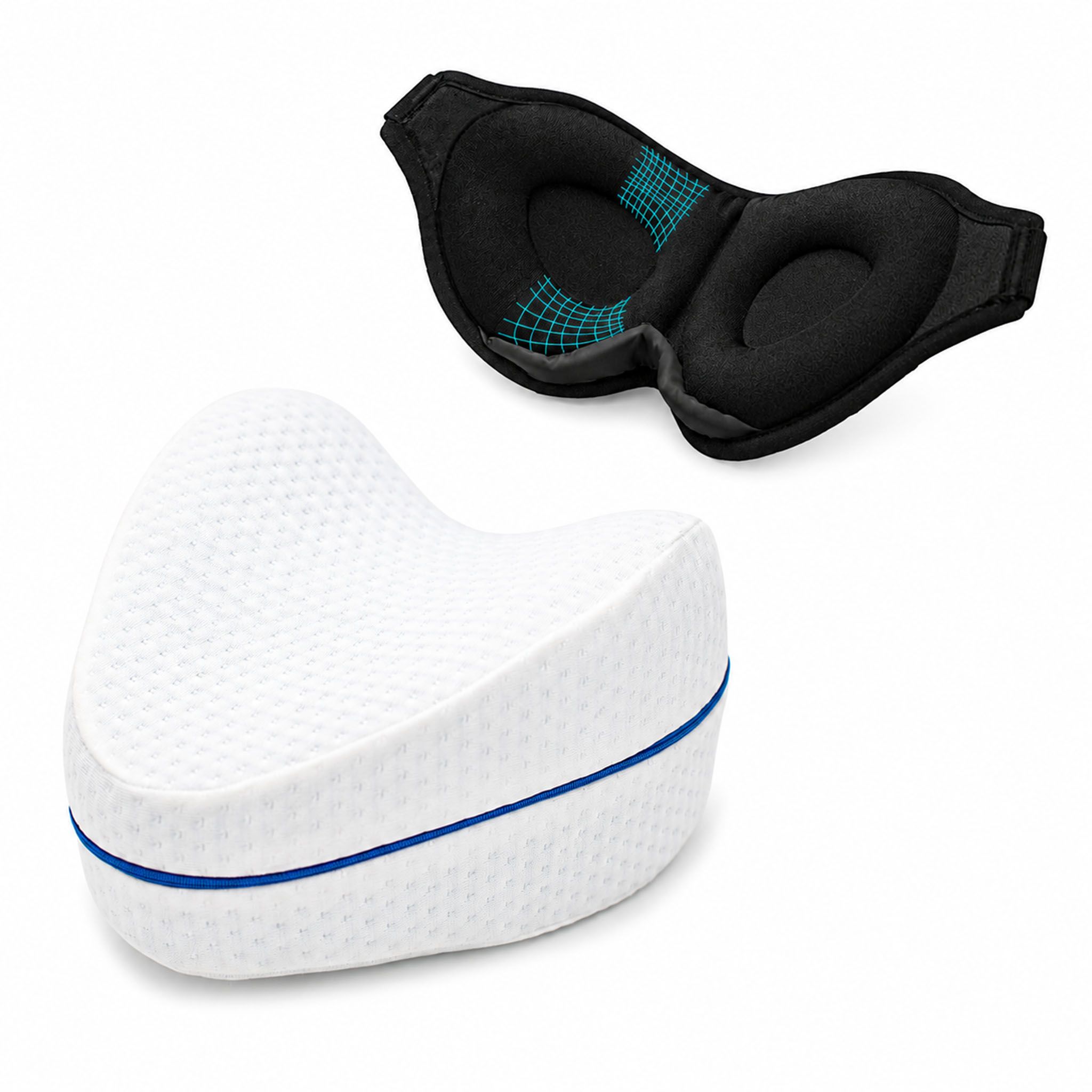 Ergonomisches Kniekissen und Schlafmaske.