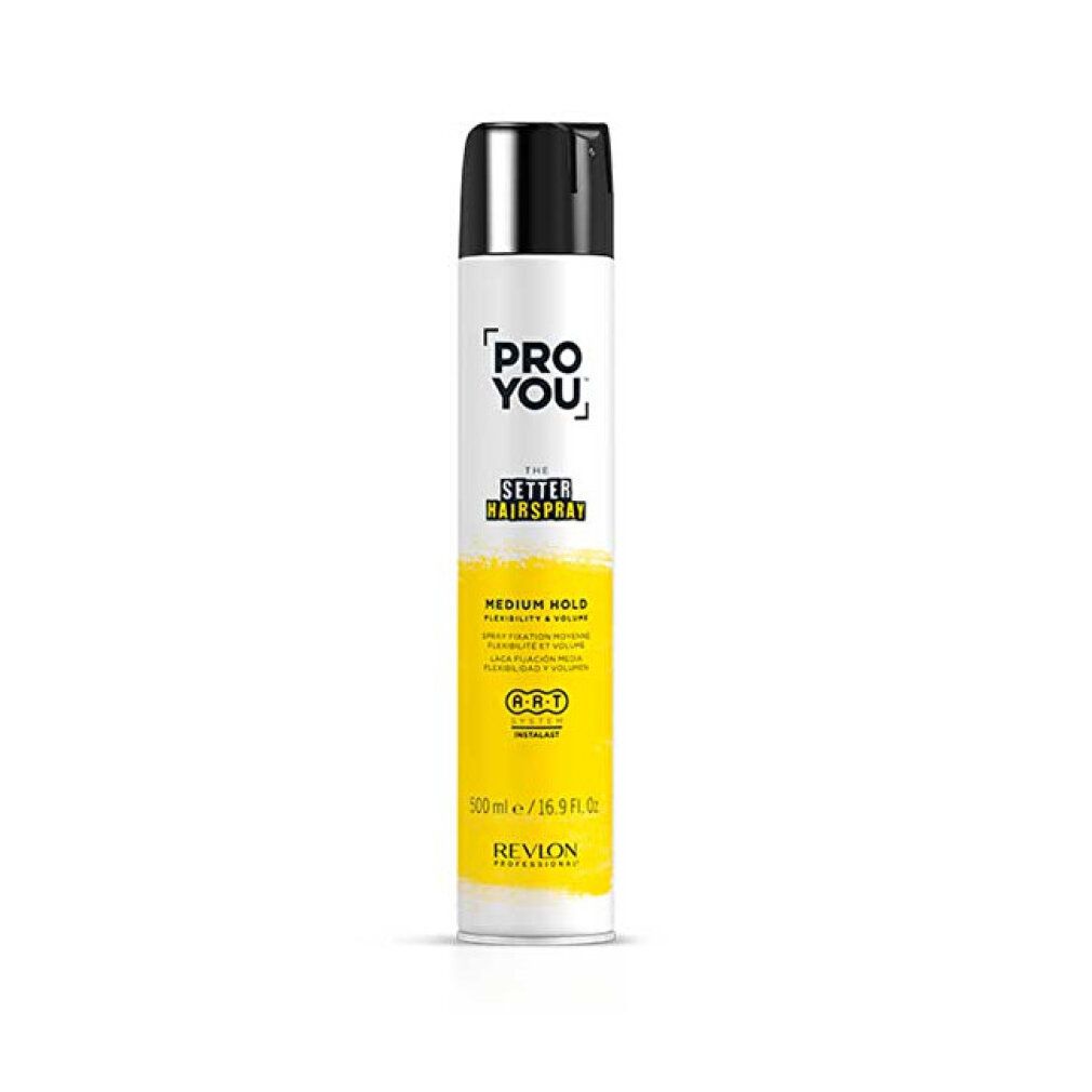 Haarspray-Dose, weiß mit schwarzem Deckel. Aufschrift: PRO YOU, THE SETTER HAIRSPRAY, MEDIUM HOLD. Gelber Bereich mit Text und Logo.