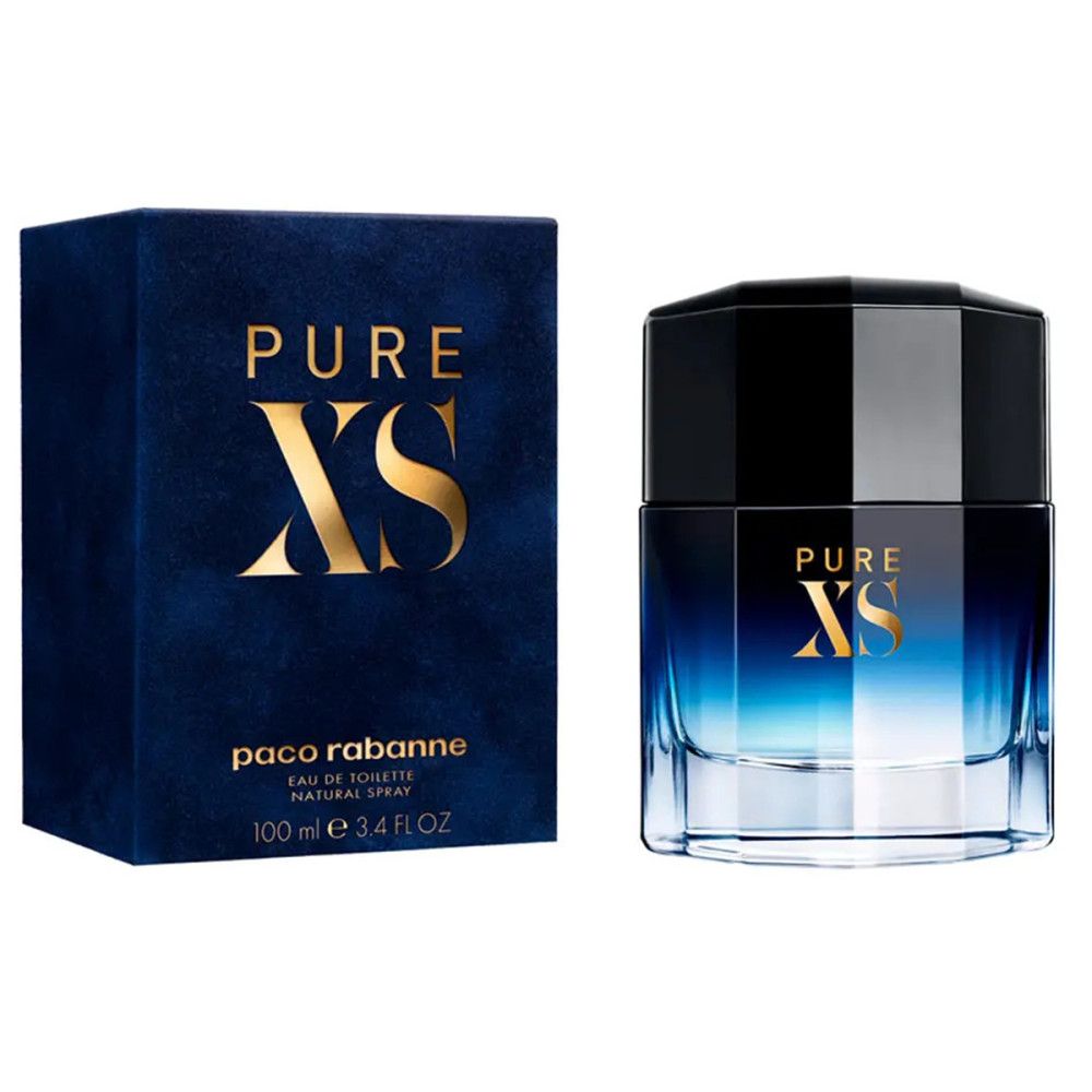 Paco Rabanne Pure XS E.d.T. Flakon und Verpackung. Flakon blau-schwarz, Verpackung blau mit goldenem Schriftzug.