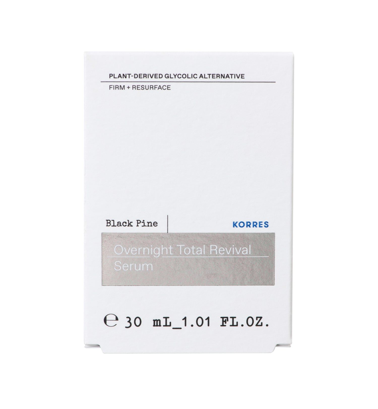 Weiße Verpackung mit Produktnamen und Marke KORRES. Text: Black Pine, Overnight Total Revival Serum. Volumen: 30 ml.