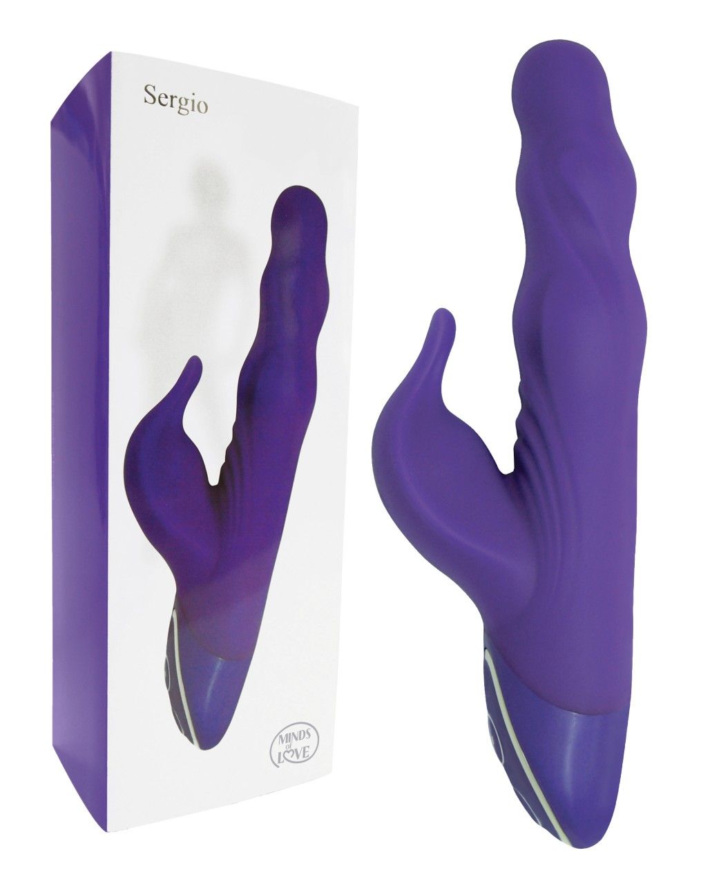 Lila Vibrator neben weißer Verpackung mit Produktnamen Sergio. Geschwungene Form, geriffelte Textur.