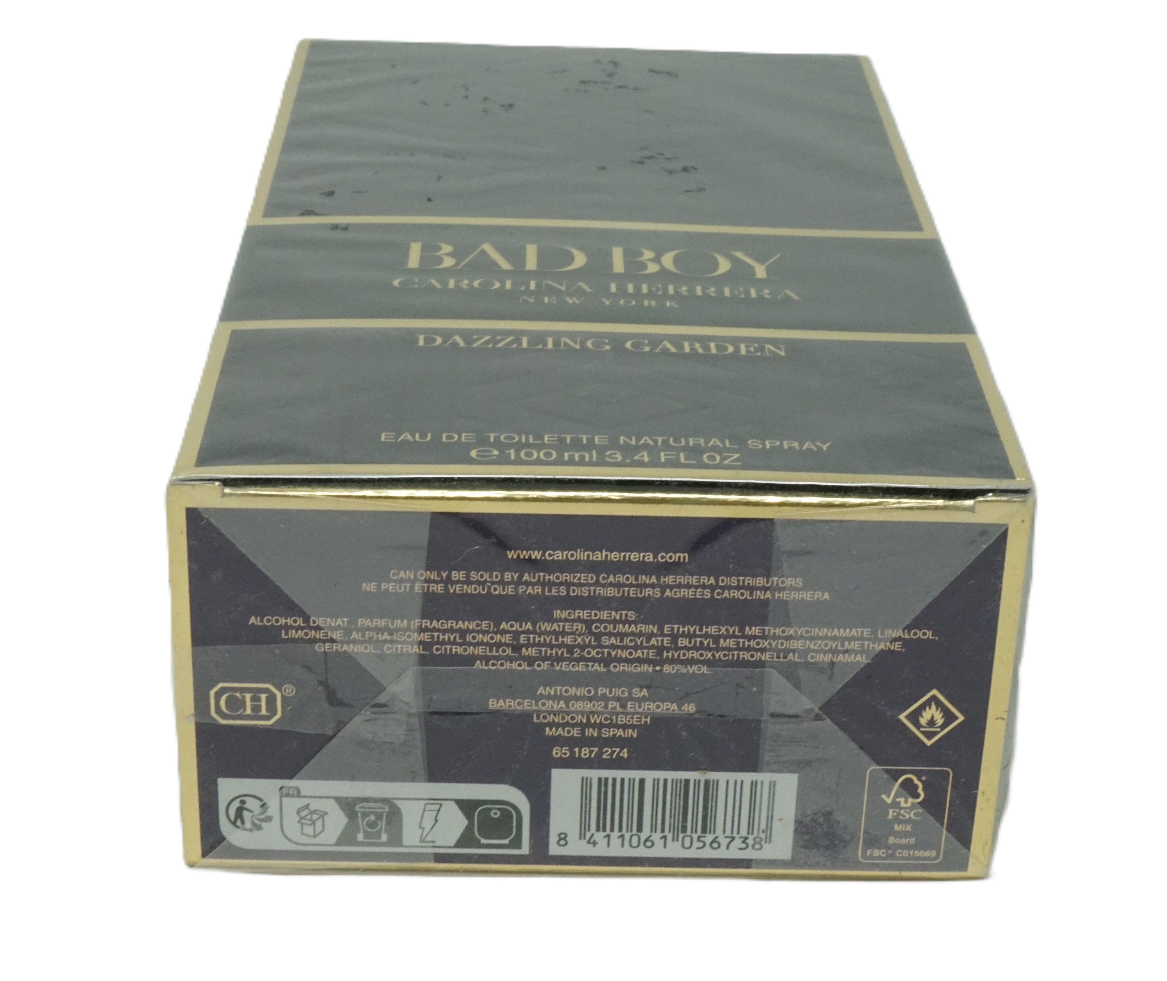 Schwarzer Karton mit goldfarbenen Akzenten. Aufschrift: Bad Boy Dazzling Garden. E 100 ml 3.4 FL OZ.