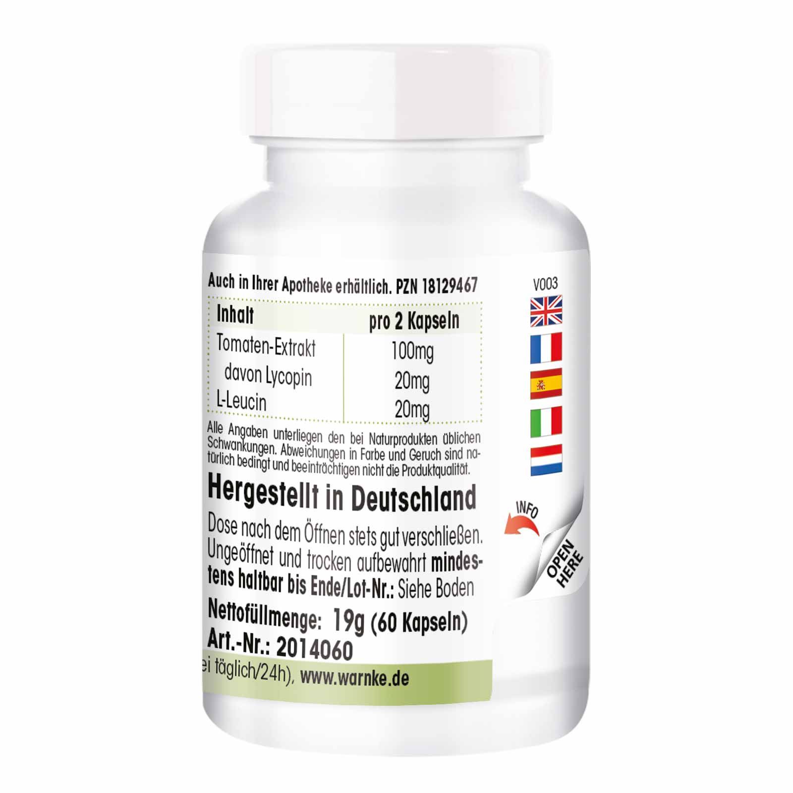 Rückseite der weißen Flasche. Text: Warnke. Inhalt pro 2 Kapseln: Tomaten-Extrakt, davon Lycopin, L-Leucin. Hergestellt in Deutschland. Nettomenge: 19g (60 Kapseln).