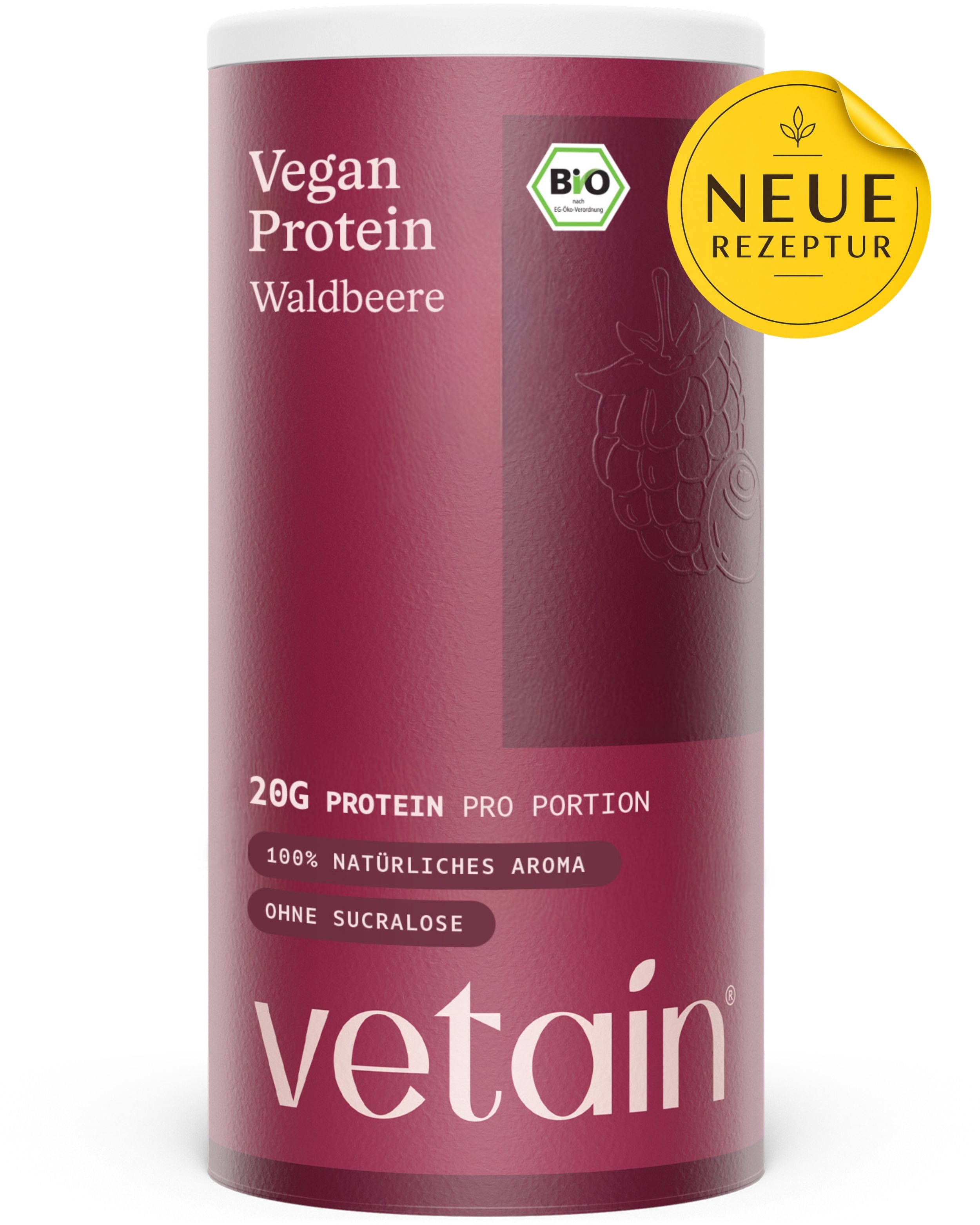 Vetain Vegan Protein Beere Dose: 20g Protein pro Portion, 100% natürliches Aroma, ohne Sucralose.