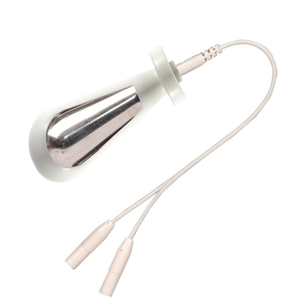 Vaginalsonde mit Metallspitze, weißem Kunststoff und Kabel mit zwei Steckern. Draufsicht.