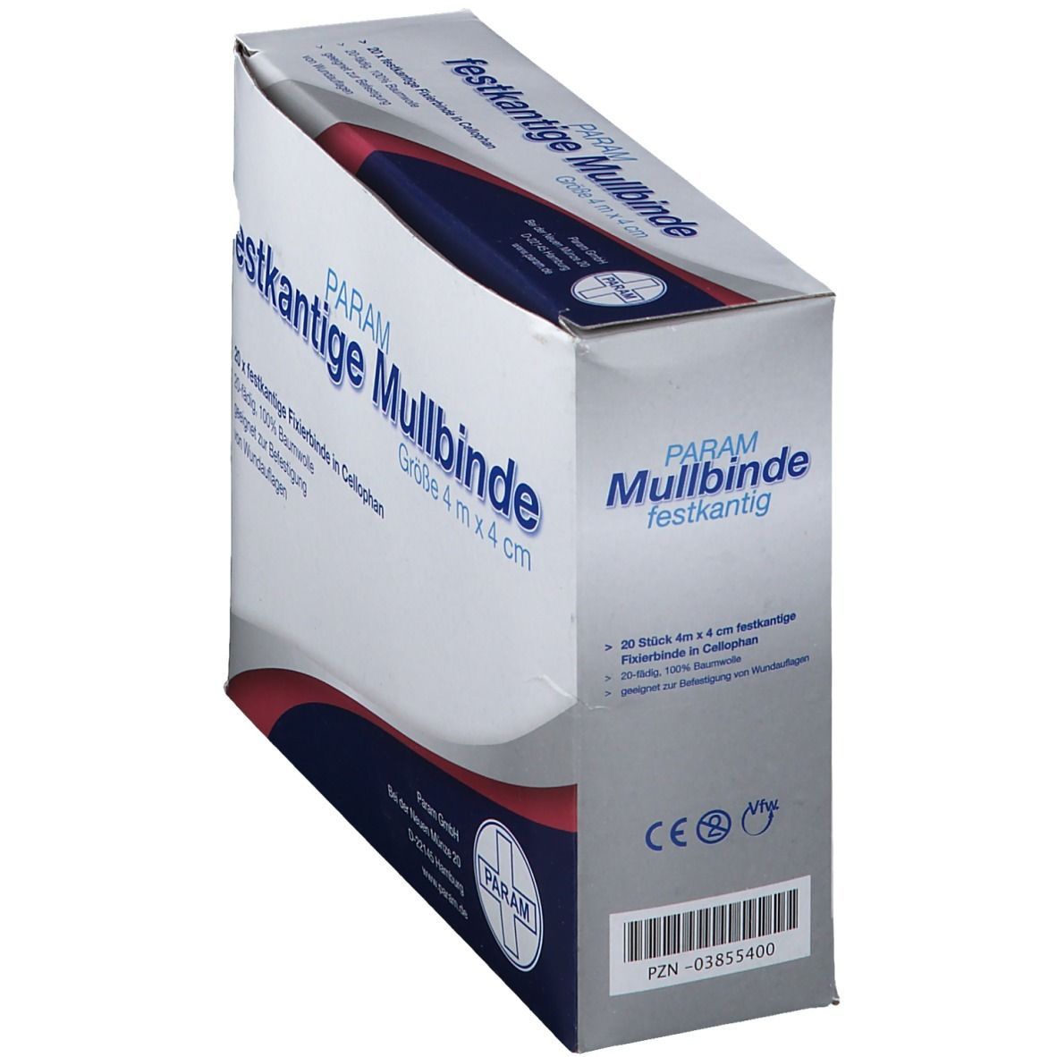 PARAM Mullbinde, festkantige Fixierbinde in Cellophan, Größe 4 m x 4 cm. Verpackung mit 20 Stück. 100% Baumwolle.