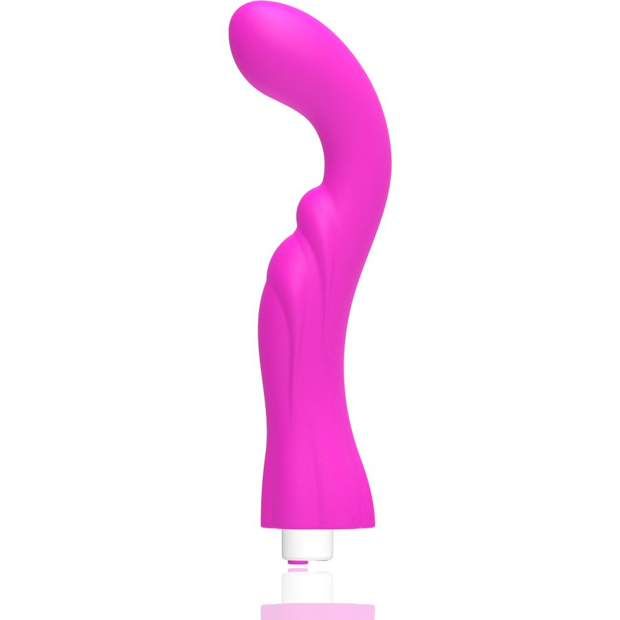 Pinkfarbener Vibrator mit geschwungener Form. Der Schaft hat Rillen. Am Ende befindet sich ein weißer Einsatz.