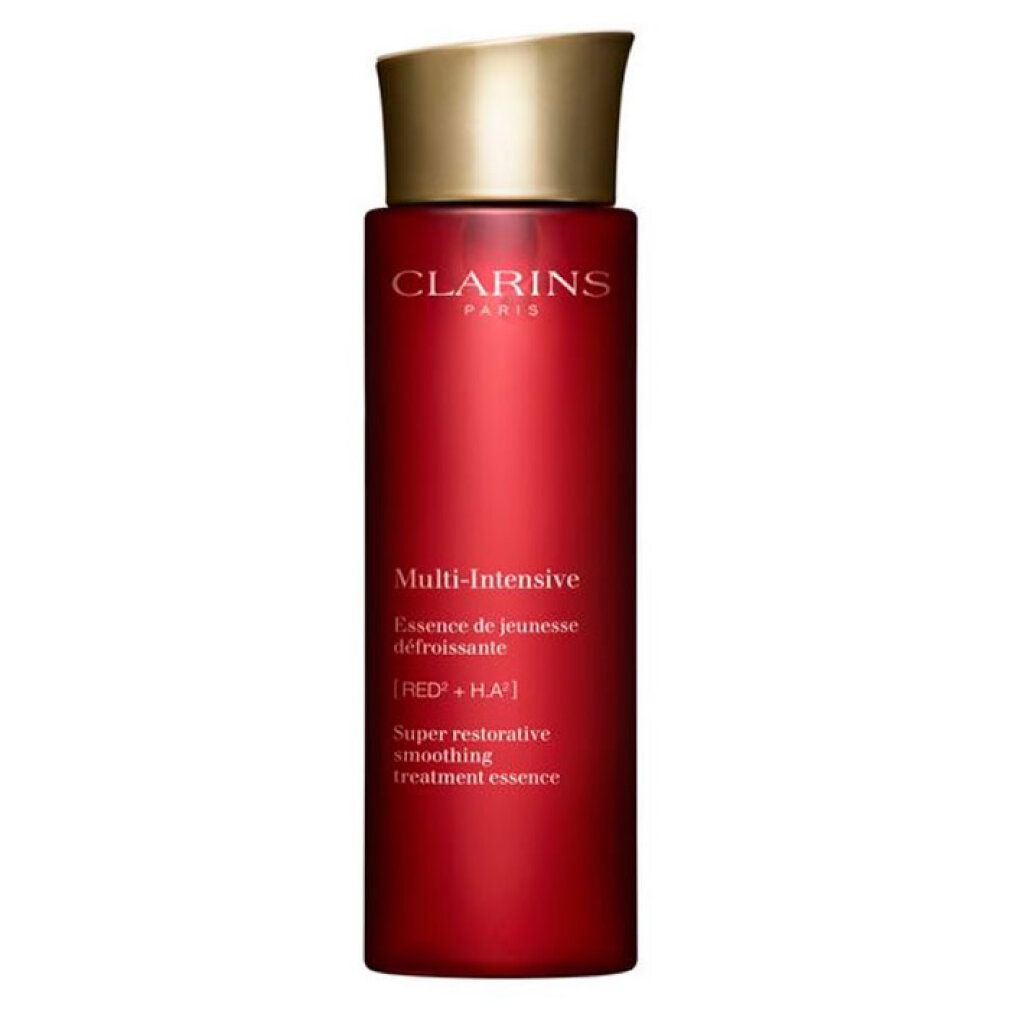 Rote Flasche mit goldfarbenem Deckel. Aufschrift: CLARINS PARIS, Multi-Intensive, Essence de jeunesse défroissante.