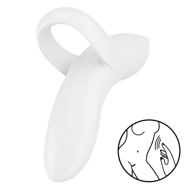 Weißer Fingervibrator mit ergonomischer Form und einem Ring zur Fingerplatzierung. Enthält eine schematische Darstellung der Anwendung.