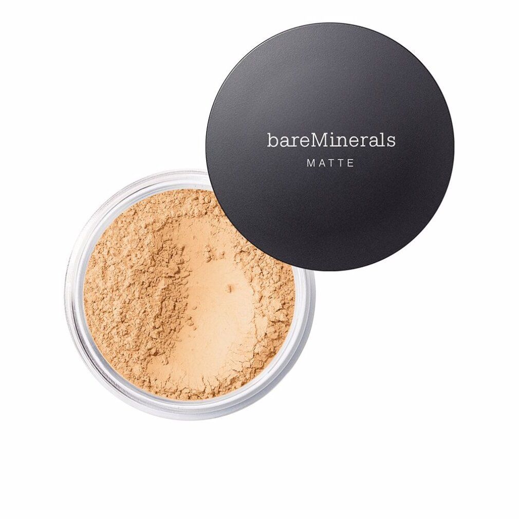 Beige Puder in einem transparenten Tiegel mit schwarzem Deckel. Auf dem Deckel steht "bareMinerals MATTE".