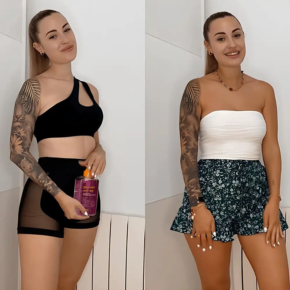 Zwei Frauen. Eine hält eine Flasche. Eine hat gebräunte Haut. Beide tragen Kleidung.