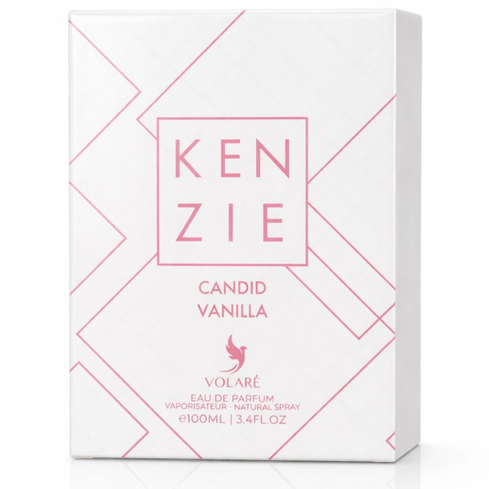 Weiße Verpackung mit rosa geometrischem Muster. Schriftzug Kenzie, Candid Vanilla und Volaré. Natural Spray.