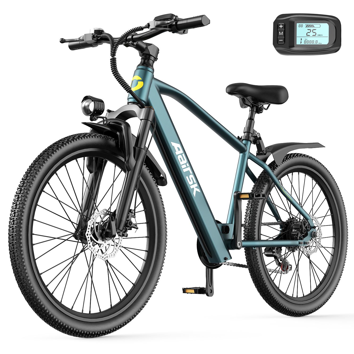 Elektrisches Fahrrad, grün. Aairsk-Logo am Rahmen. Digitalanzeige mit Geschwindigkeit. Schwarze Reifen und Komponenten.
