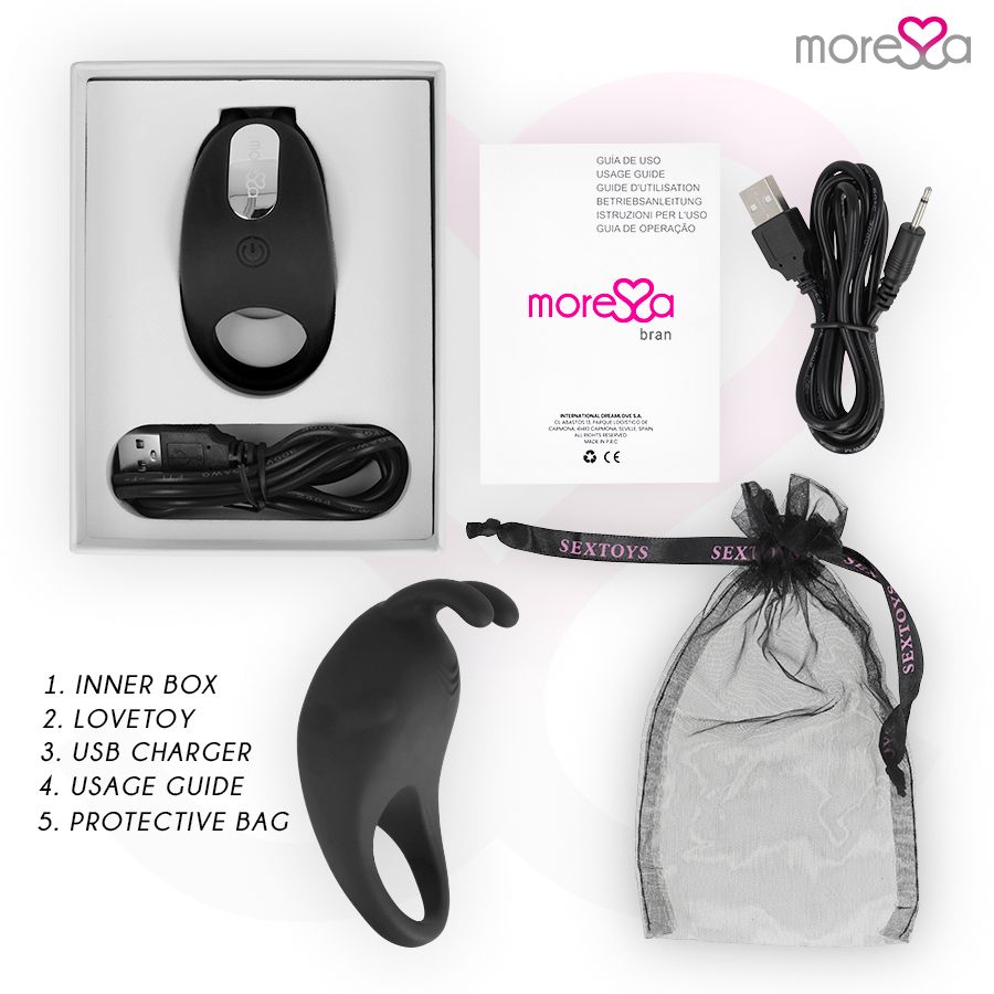 Produkt-Set: Ring, USB-Kabel, Gebrauchsanweisung, Beutel. Marke Moressa.