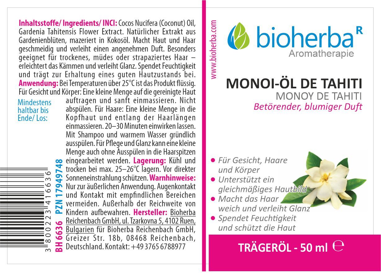 Produktetikett mit Text in deutscher Sprache. Enthält Produktname, Logo, Inhaltsstoffe und Anwendungshinweise. Florale Illustration.