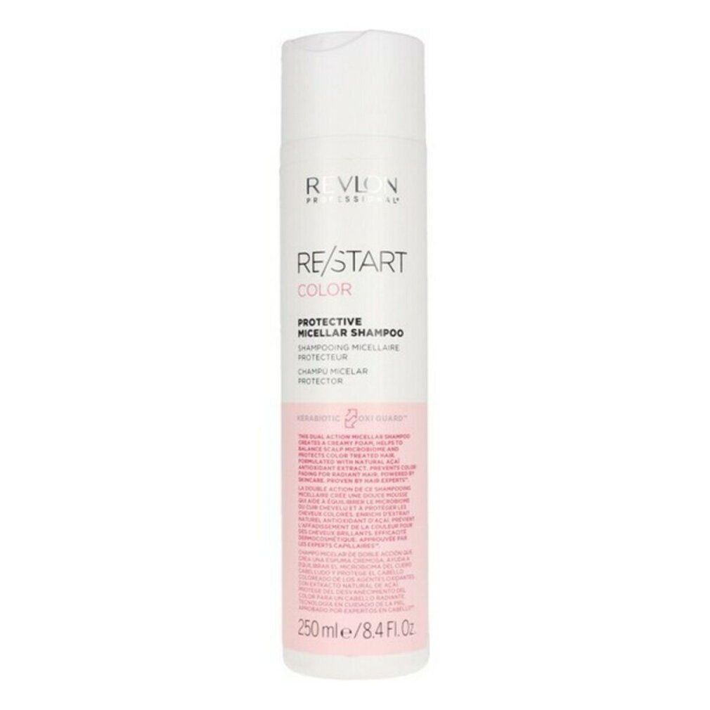 Weiß-rosa Flasche. Text: RE/START COLOR, PROTECTIVE MICELLAR SHAMPOO. 250 ml/8.4 FL.OZ. Mit Produktinformationen.