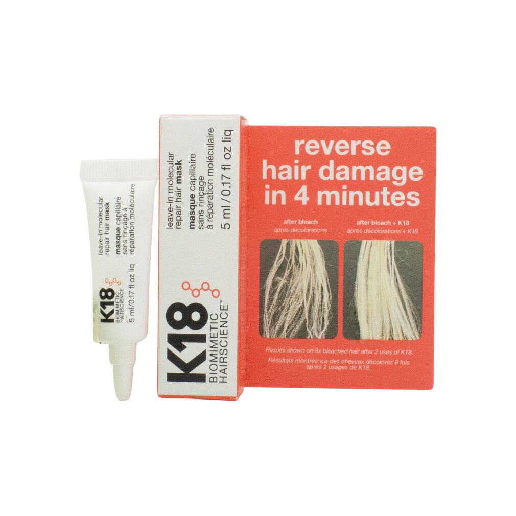 K18 Leave-In Molecular Repair Hair Mask Tube und Verpackung. Text: Reverse Hair Damage in 4 Minutes.