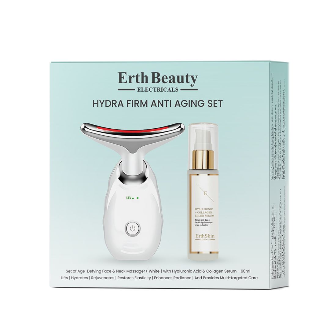 Set mit Gesichts- und Nackenmassagegerät, Serum und Verpackung. Das Massagegerät ist weiß mit roter Spitze. Auf der Verpackung steht "Erth Beauty".