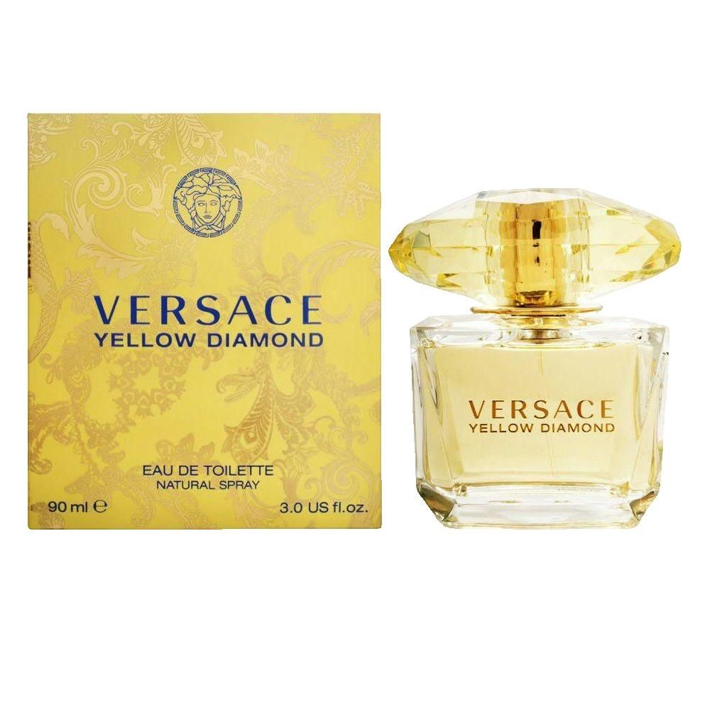 Gelbe Parfumflasche und Schachtel. Auf der Schachtel steht "VERSACE YELLOW DIAMOND". Die Flasche hat einen gelben Deckel.