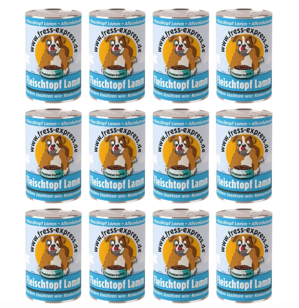 Zwölf Dosen Hundefutter. Etikett: Fleischtopf Lamm, www.fress-express.de. Abbildung: Hund mit Napf. Text: Ohne Zusätze wie Konservierungsstoffe.
