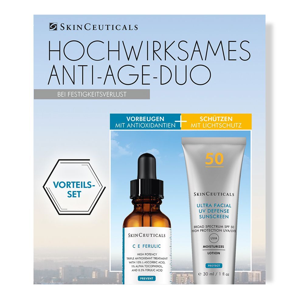 Anti-Age Duo-Set. Enthält eine braune Flasche mit Pipette und eine Tube mit Sonnenschutzmittel. Text: SkinCeuticals.