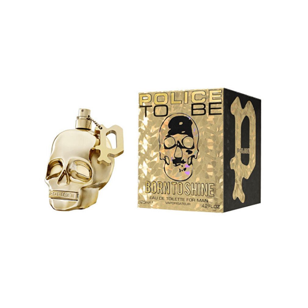 Flakon und Verpackung. Aufschrift: POLICE TO BE BORN TO SHINE. Flakon in Totenkopf-Form.