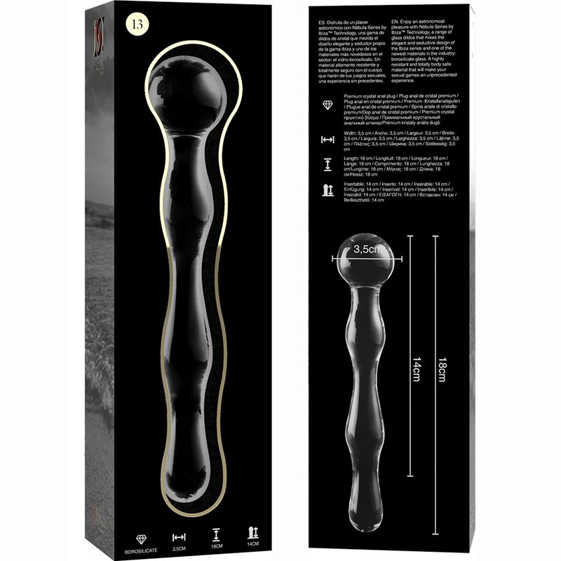 Produktverpackung und Dildo aus Borosilikatglas. Schwarze Box mit Produktabbildung und technischen Daten. Dildo daneben.