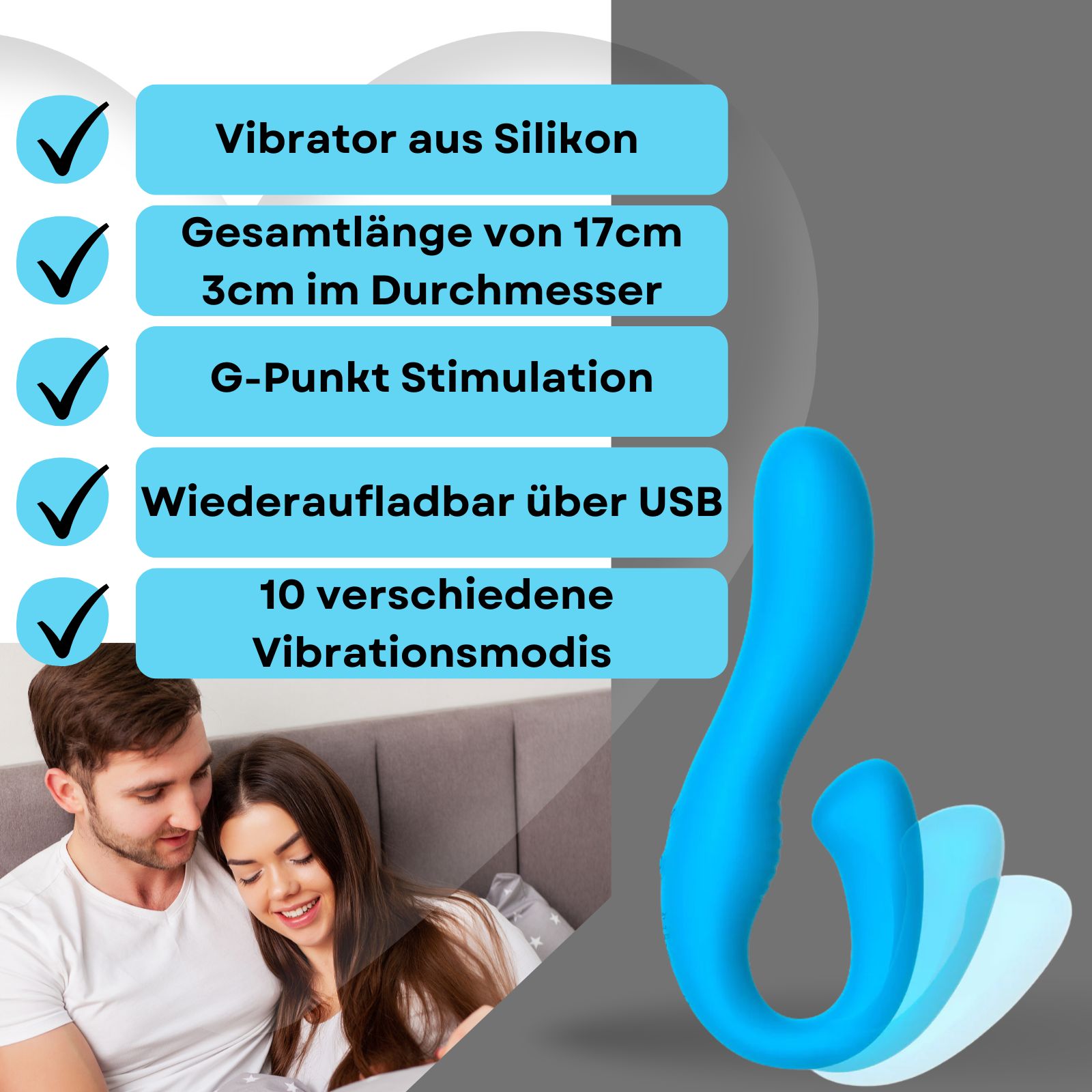 Blauer Vibrator mit Text. Silikon, 17 cm lang, 3 cm Durchmesser, G-Punkt-Stimulation, USB-aufladbar, 10 Modi.