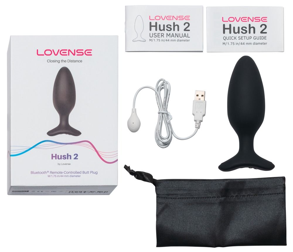 Verpackung, Analkegel, Zubehör. Enthält: USB-Kabel, Beutel, Handbücher. Text: Lovense Hush 2.