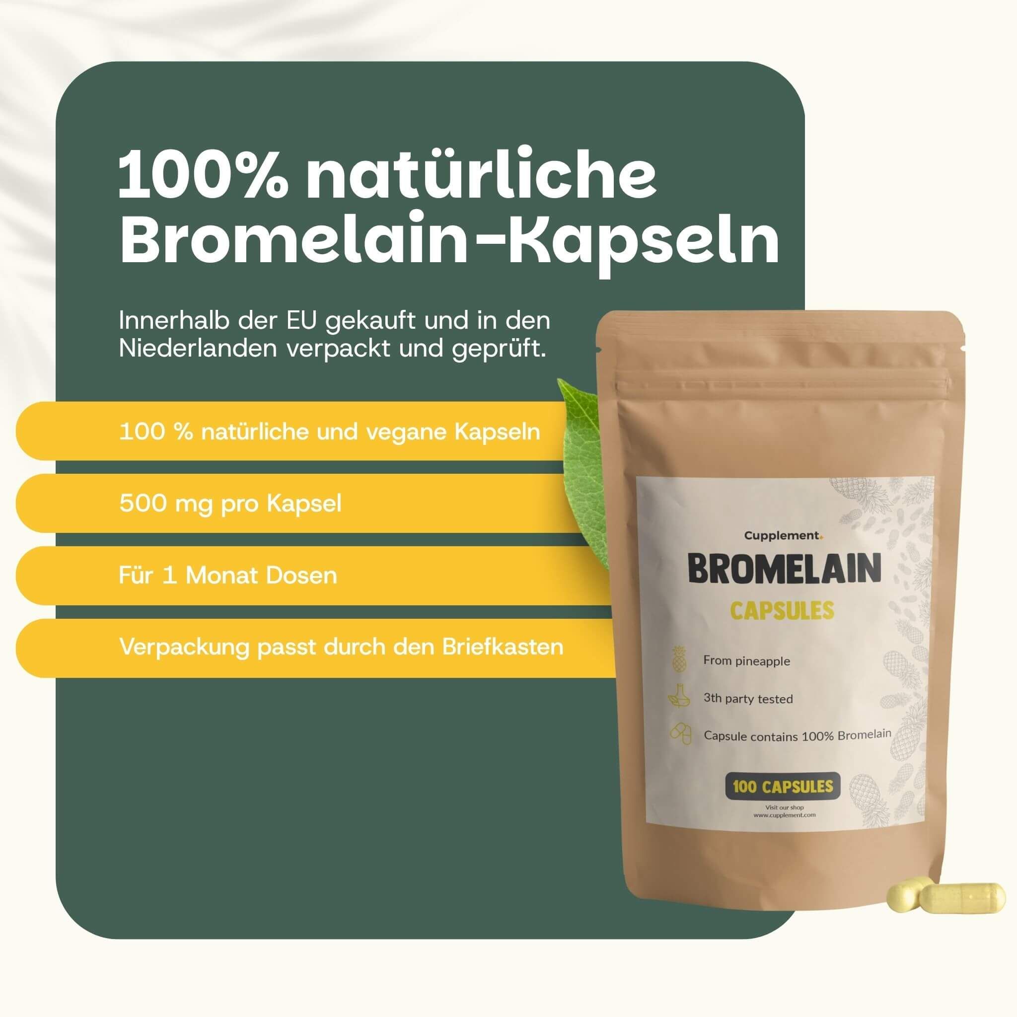 Beutel mit Bromelain-Kapseln. Text: Bromelain-Kapseln, 100 Kapseln. 100% natürliche und vegane Kapseln. 500 mg pro Kapsel.