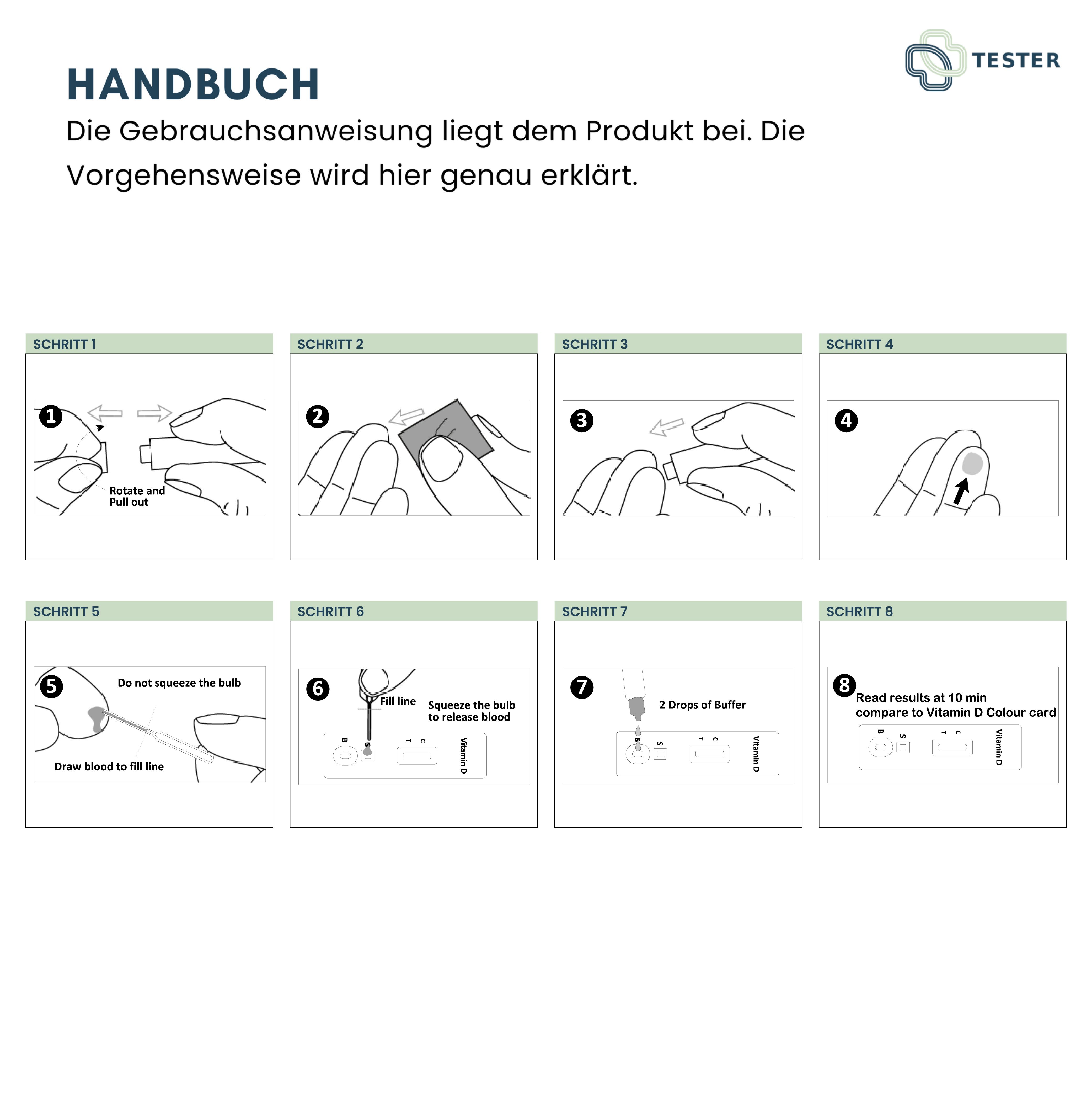 Handbuch mit Illustrationen zur Durchführung eines Vitamin-D-Tests. Schritte 1-8 werden gezeigt.
