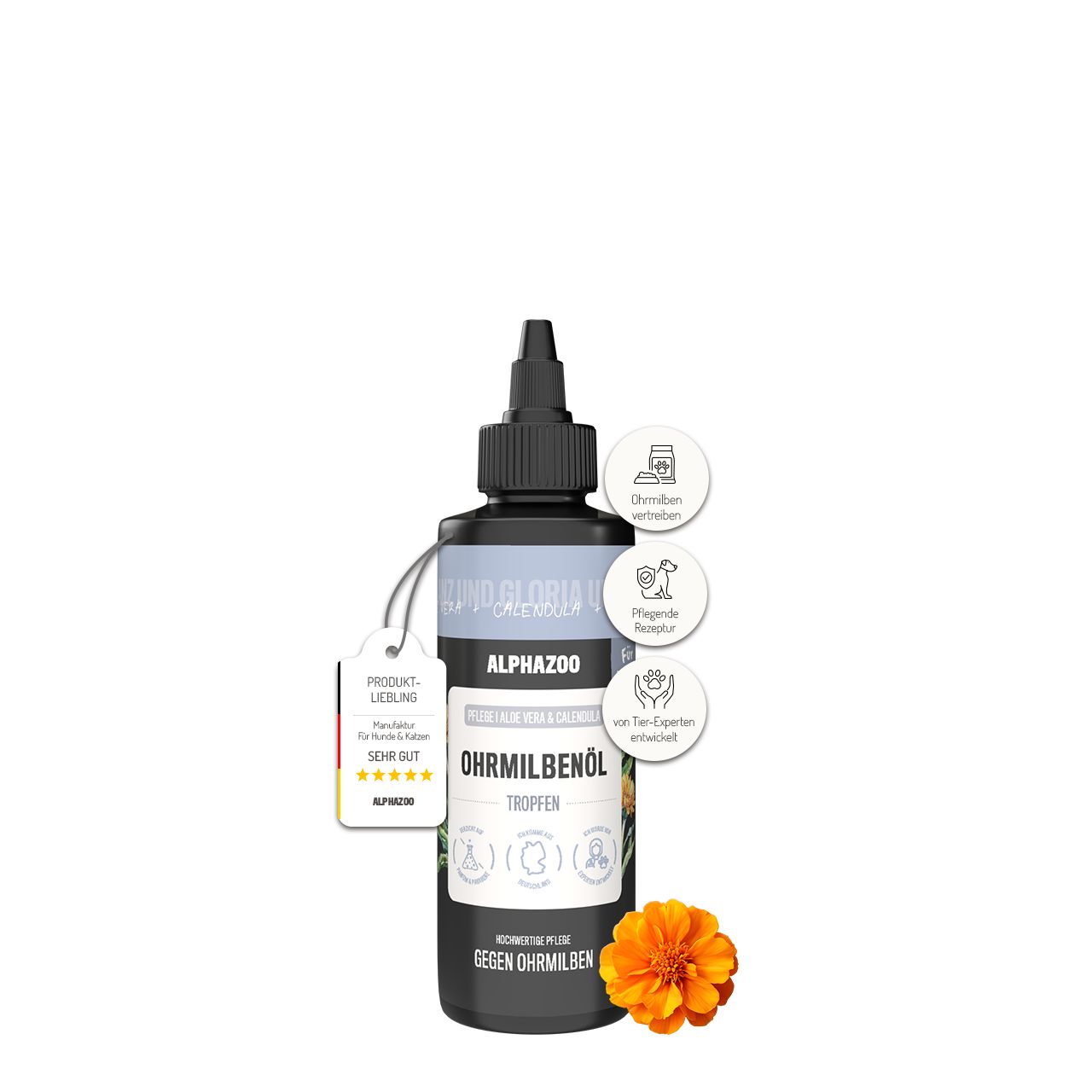 ALPHAZOO Ohrmilbenöl Flasche mit Tropfverschluss, Etikett und Anhänger. Orangefarbene Blüte.