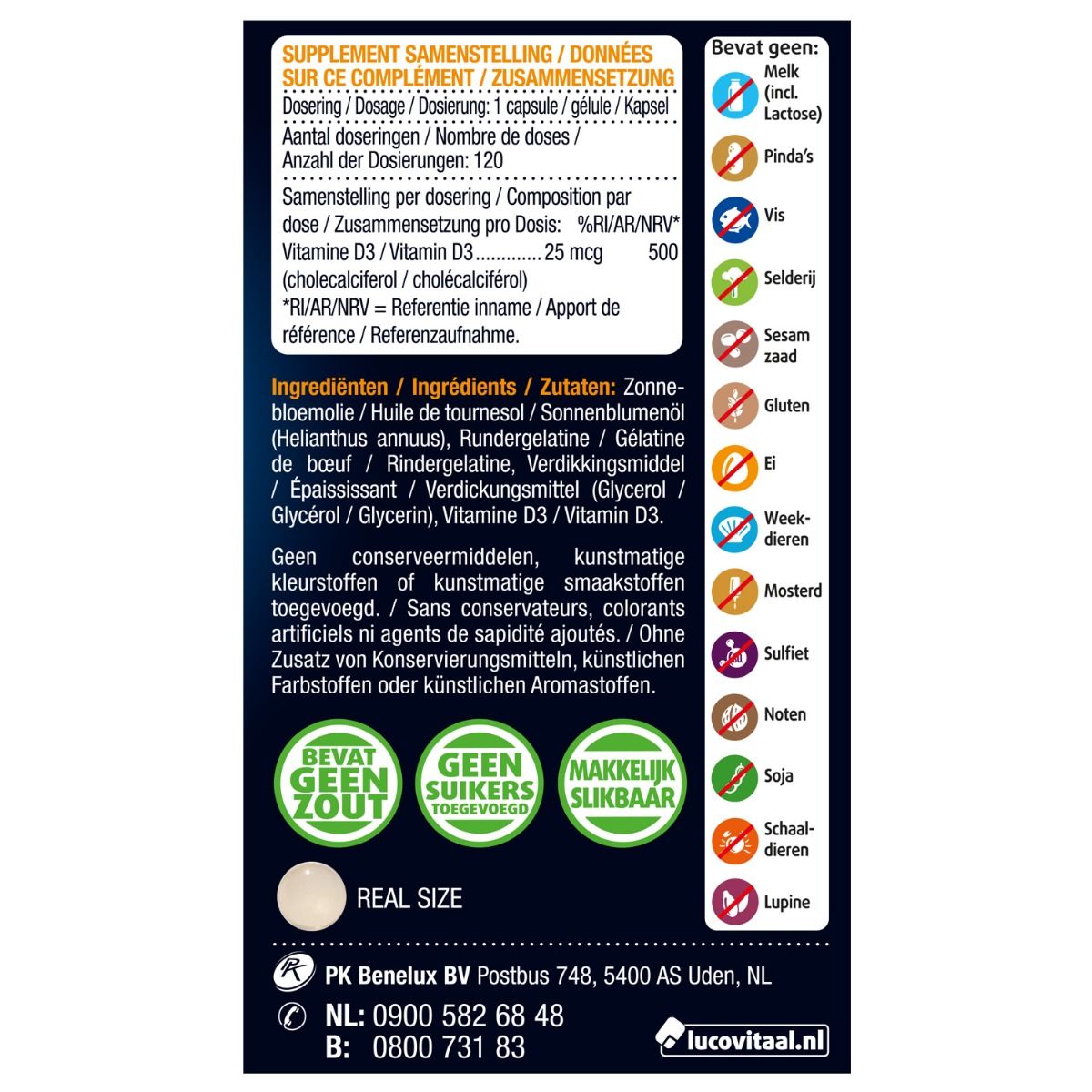 Rückseite einer Vitamin D3-Verpackung mit Inhaltsstoffen und Allergeninformationen.