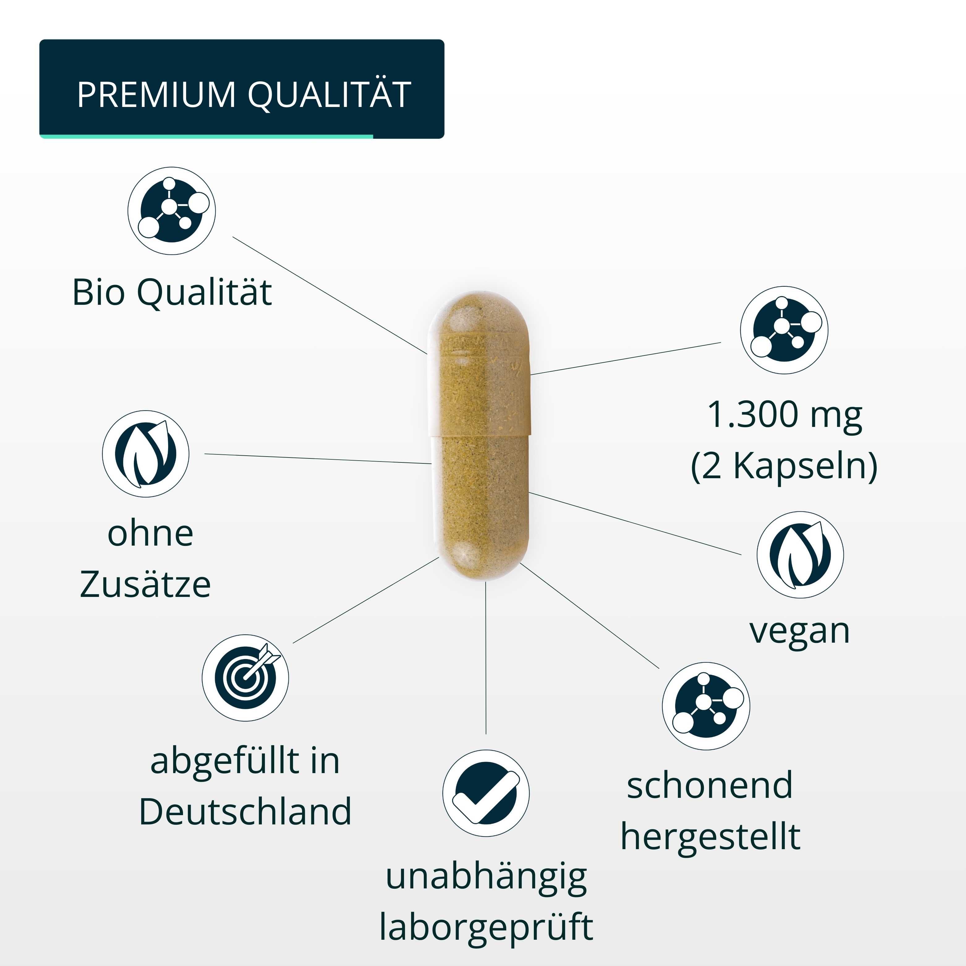 Kapsel mit Text: 1.300 mg (2 Kapseln), vegan, ohne Zusätze, abgefüllt in Deutschland, laborgeprüft, schonend hergestellt.