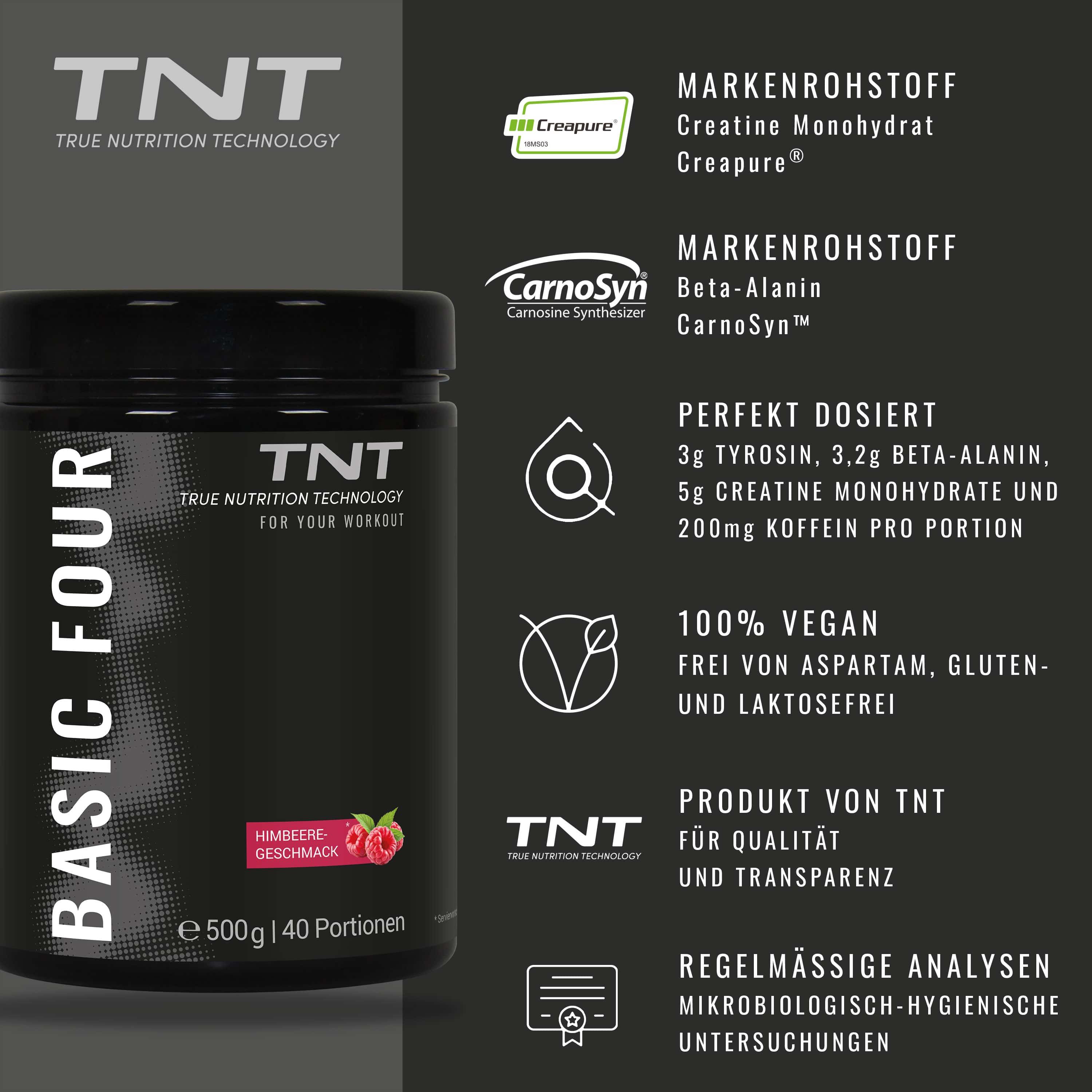 TNT Basic Four-Behälter mit Produktinformationen. Himbeergeschmack. 500g, 40 Portionen. Vegan, ohne Aspartam, Gluten, Laktose.
