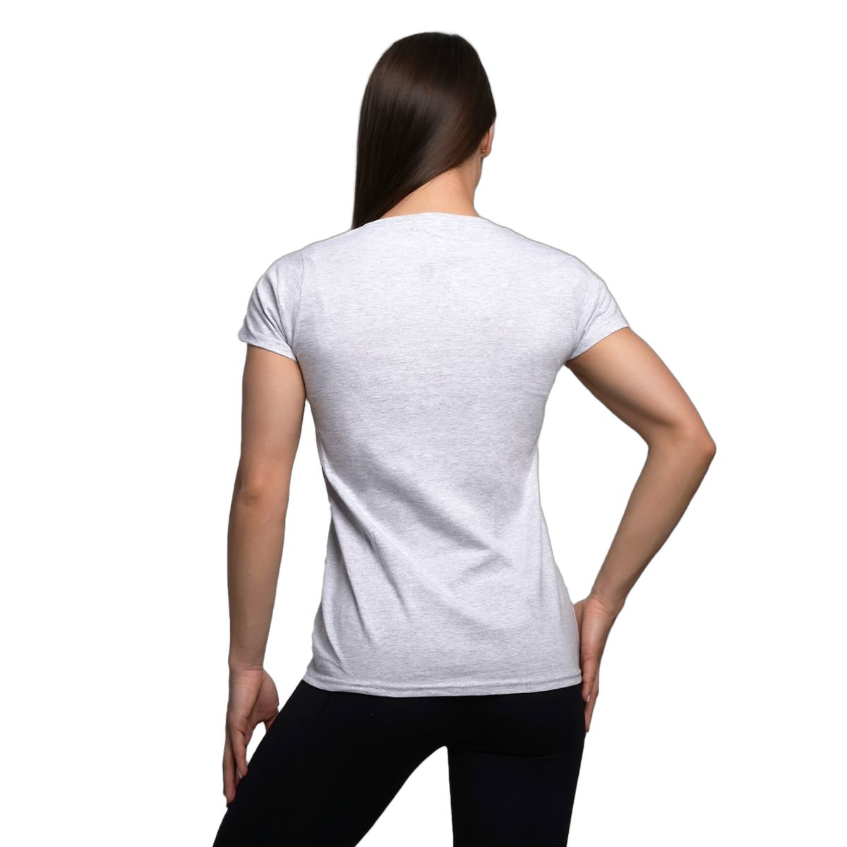 Rückansicht des Damen T-Shirts in Heather Grey. Rundhalsausschnitt und kurze Ärmel.