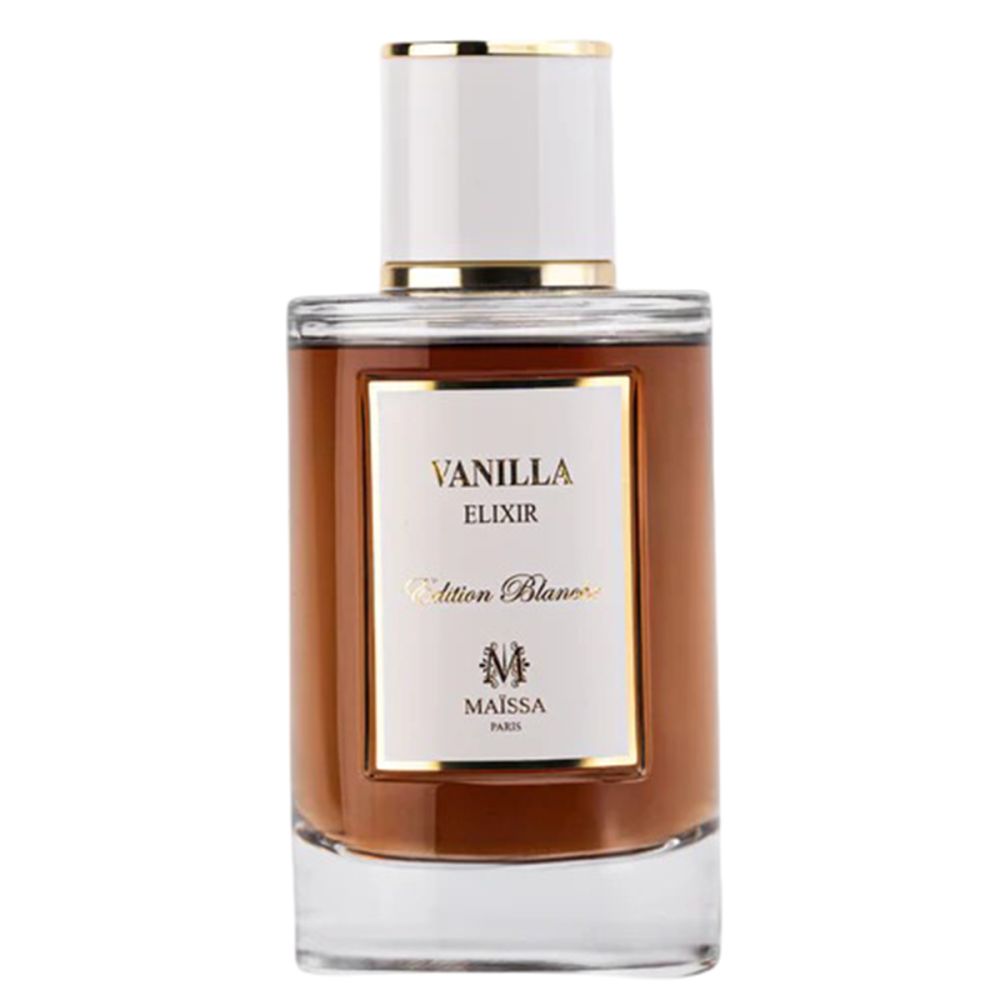Parfümflakon mit weißem Deckel und goldener Umrandung. Aufschrift: Vanilla Elixir. Marke: Maïssa Paris.