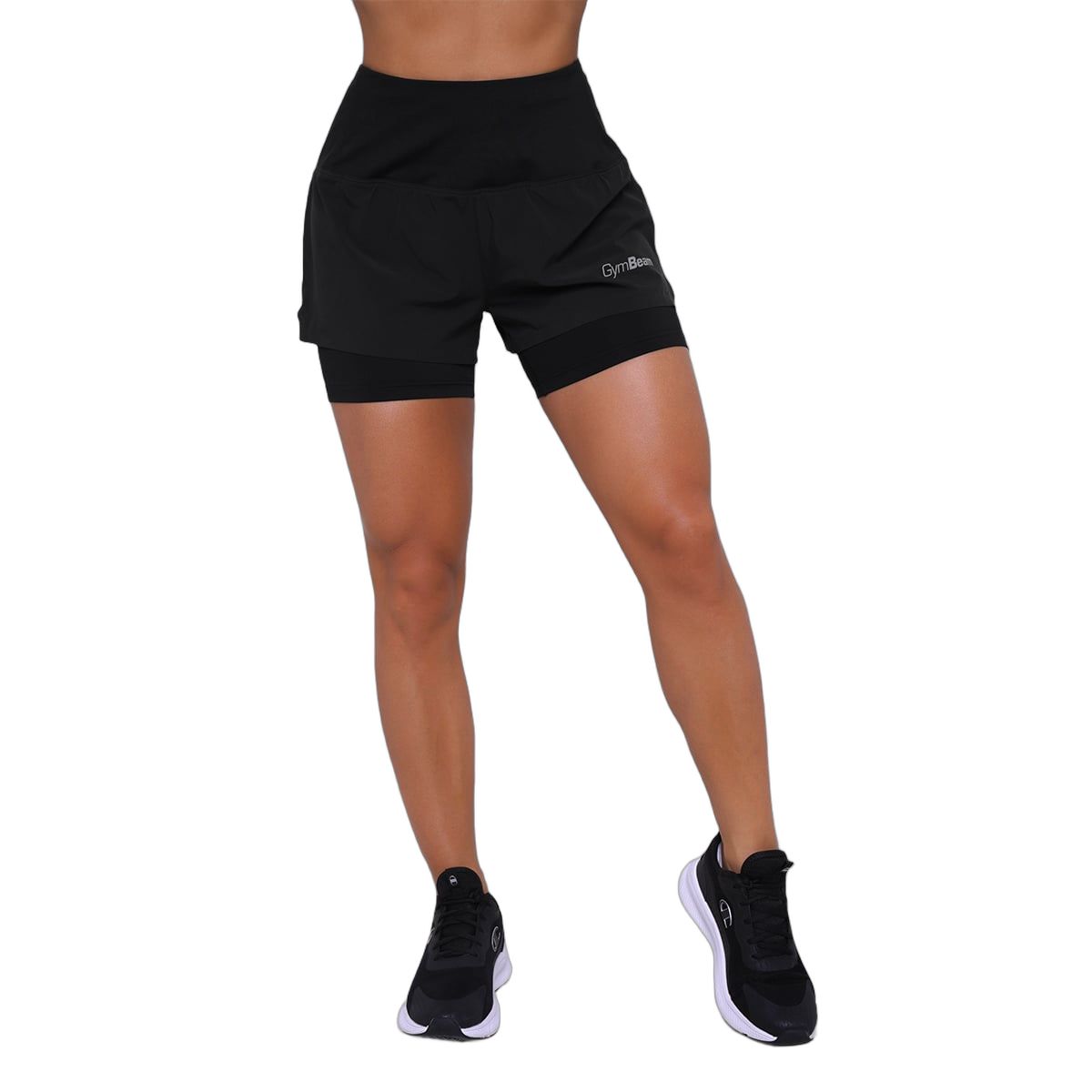 Schwarze 2-in-1-Shorts für Damen mit integrierter Leggings und Gummizug.