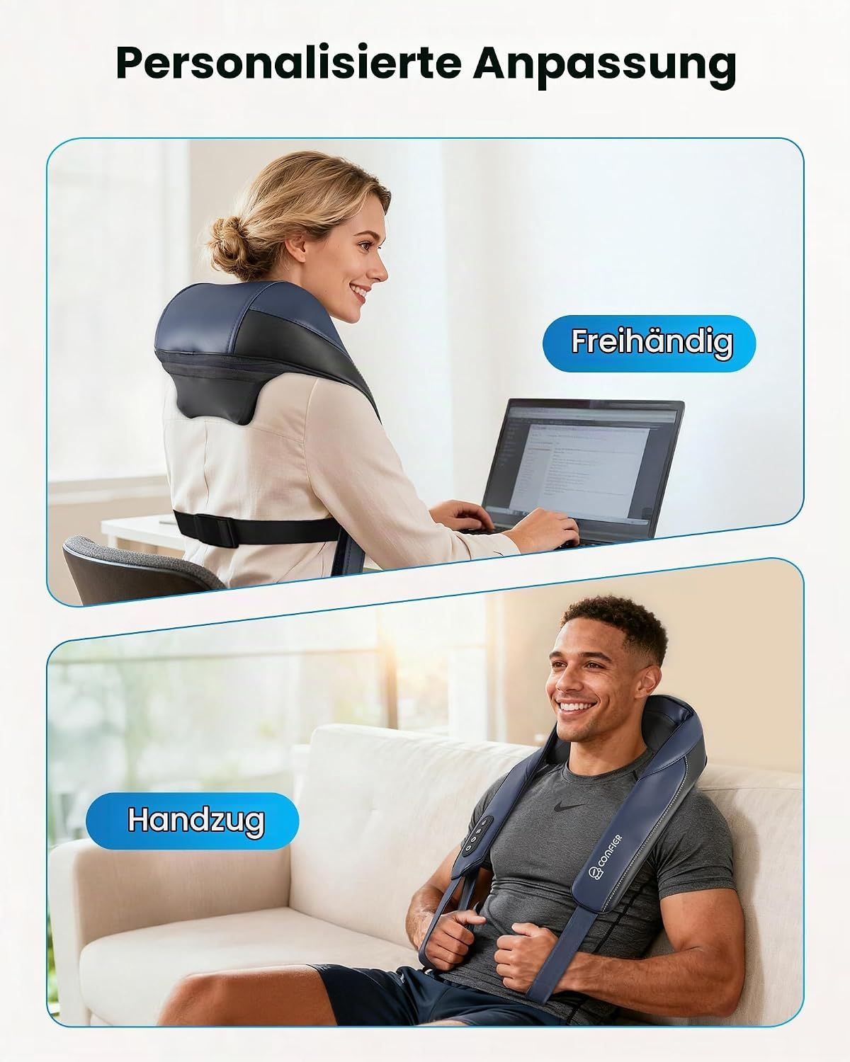 Nackenmassagegerät mit roten Heizelementen und Ladeanzeige, Marke: Comfier.