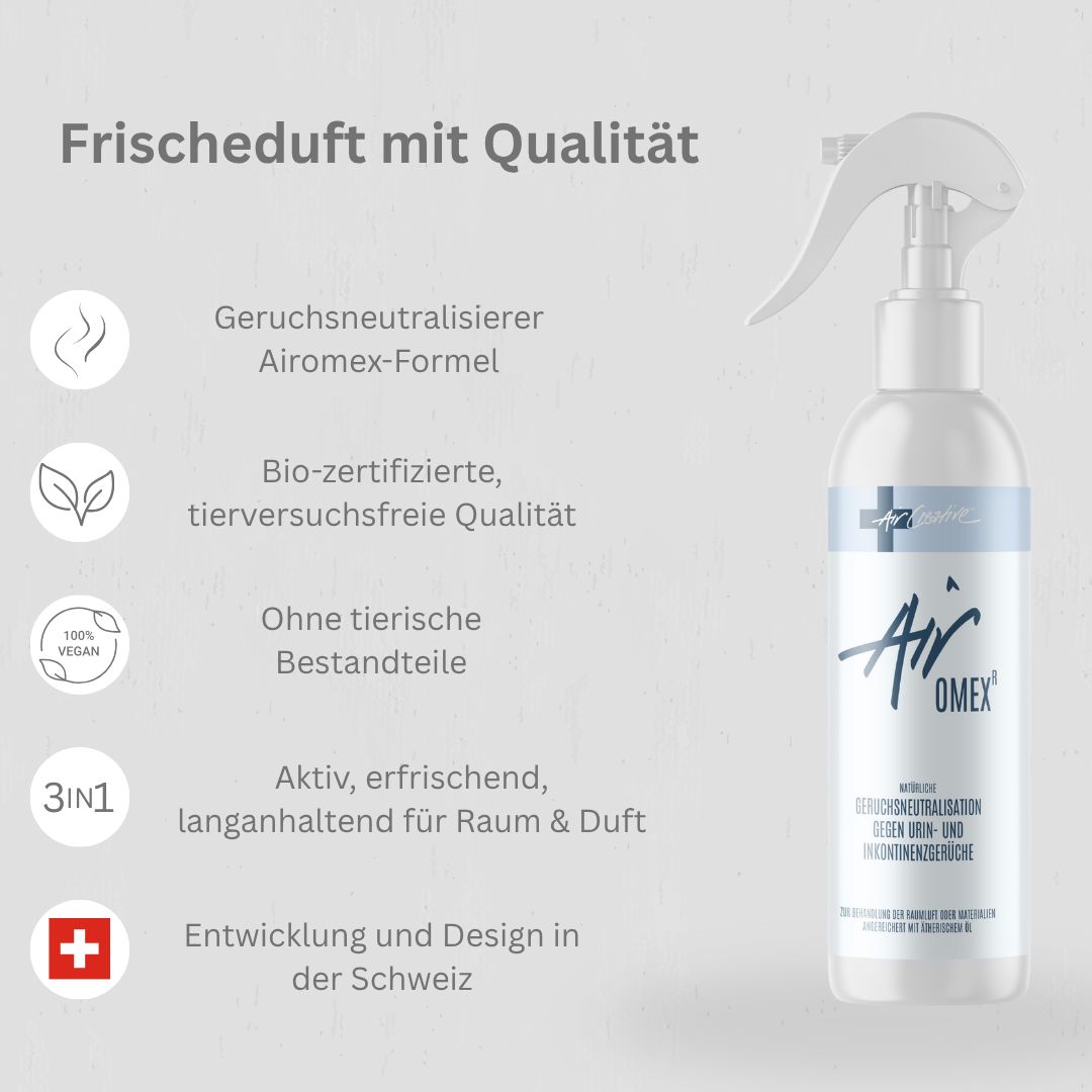 Weiße Sprühflasche mit Air Creative Airomex-Logo. Text: Geruchsneutralisierer. Bio-zertifiziert. Ohne tierische Bestandteile. Entwicklung in der Schweiz.